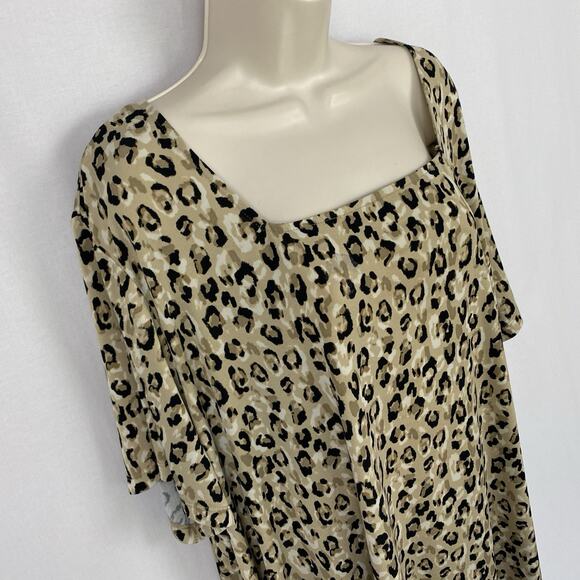 Susan Graver Liquid Knit Top Womens 4X Animal Print Cheetah Square Neck Brown - Picture 2 of 11